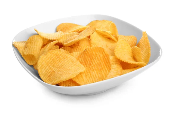 Placa con sabrosas papas fritas sobre fondo blanco — Foto de Stock