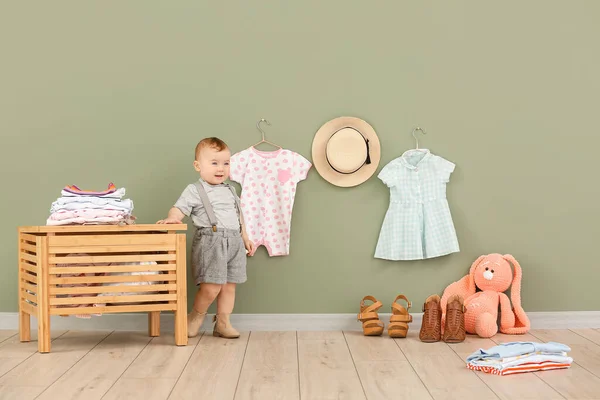 Cute baby with stylish clothes at home — Stock Photo, Image