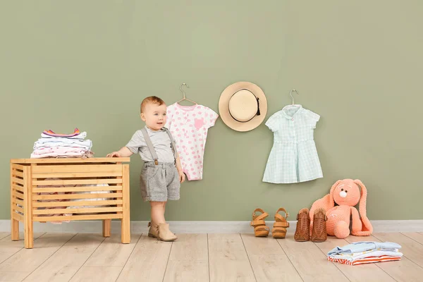 Cute baby with stylish clothes at home — Stock Photo, Image