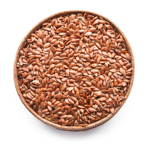 Bowl with flax seeds on white background — Stock Photo, Image