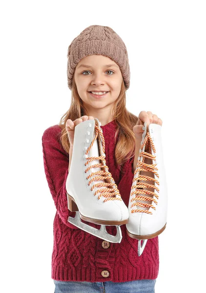 Cute little girl with ice skates on white background — Stock Photo, Image