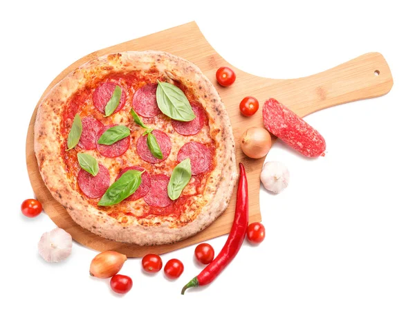 Tasty pizza with ingredients on white background — Stock Photo, Image