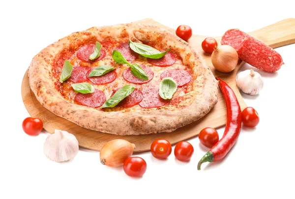 Tasty pizza with ingredients on white background — Stock Photo, Image