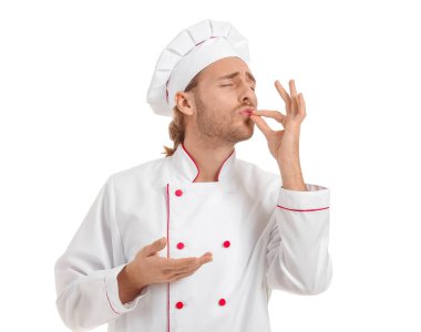 Beyaz arka planda mutlu bir aşçı