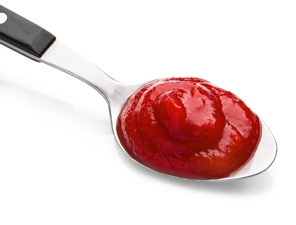 Spoon with tasty tomato sauce on white background — Stock Photo, Image
