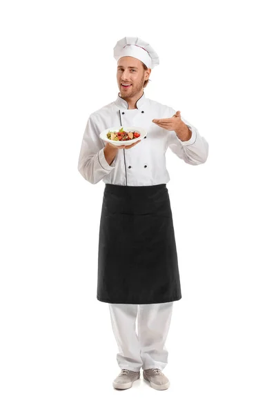 Chef macho feliz con plato preparado sobre fondo blanco —  Fotos de Stock