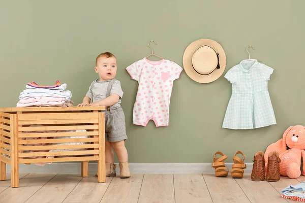 Cute baby with stylish clothes at home — Stock Photo, Image