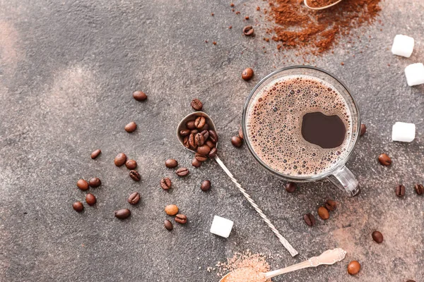 Composition with hot coffee on grey background — Stock Photo, Image