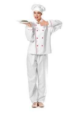 Beyaz arka planı olan güzel bir kadın şef.