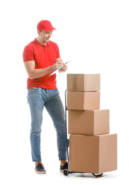 Delivery man with boxes on white background