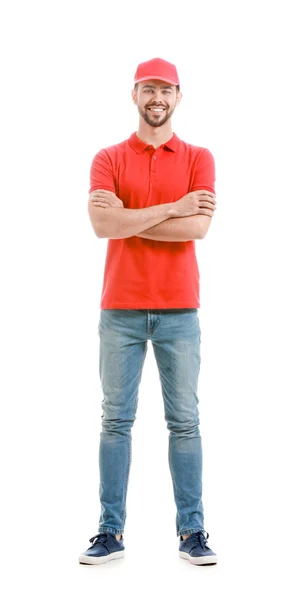 Handsome delivery man on white background — Stock Photo, Image