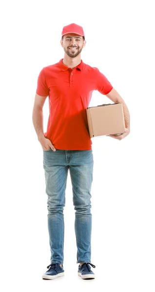 Delivery man with box on white background — Stock Photo, Image