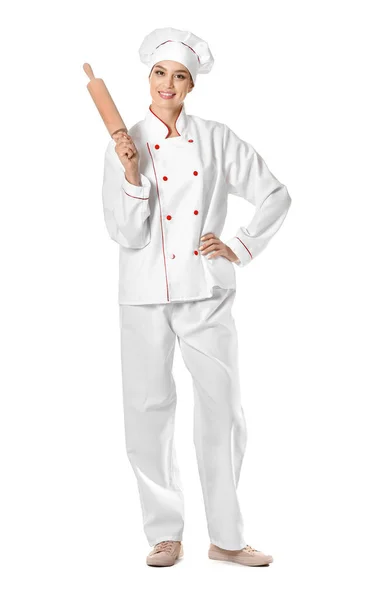 Belo chef feminino no fundo branco — Fotografia de Stock