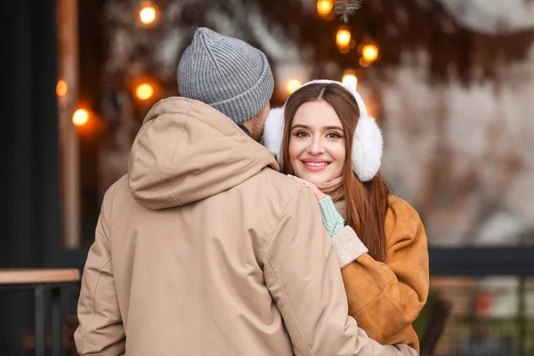 Portrait of happy young couple on romantic date outdoors — 스톡 사진