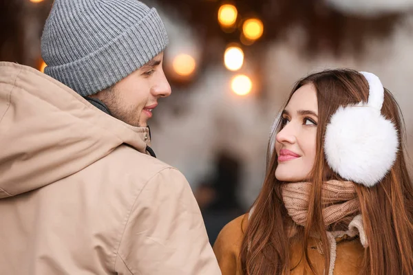 Portrait of happy young couple on romantic date outdoors — Stock Photo, Image