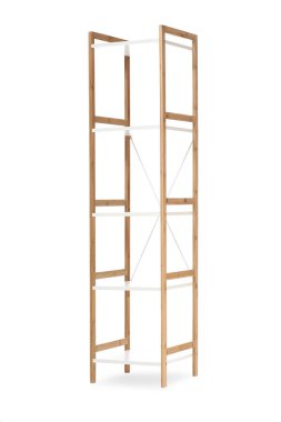 Beyaz arkaplanda boş raf ünitesi