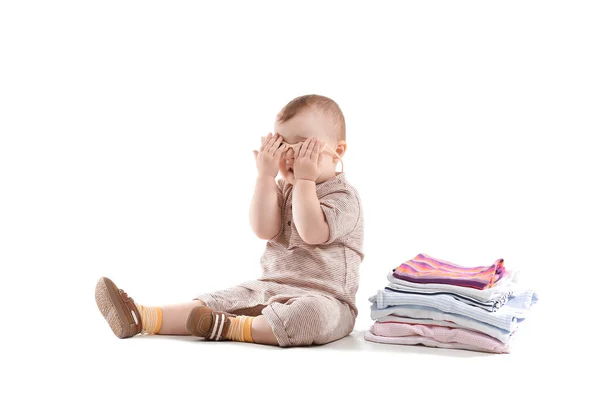 Cute baby with stylish clothes on white background — Stock Photo, Image