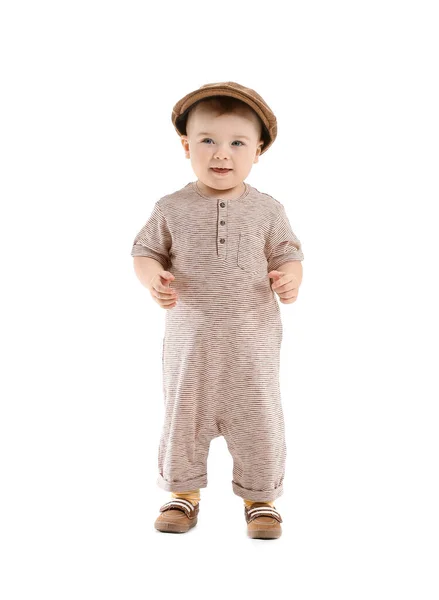 Bambino carino con elegante cappello su sfondo bianco — Foto Stock