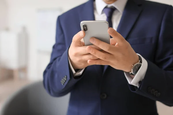 Young Businessman Mobile Phone Office Closeup — Stock Photo, Image