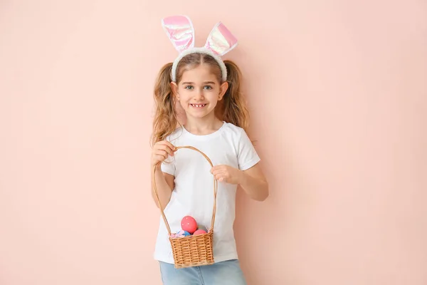 Little Girl Easter Eggs Bunny Ears Color Background — Stock Photo, Image