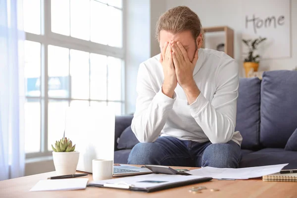 Worried Young Man Debt Home — Stock Photo, Image