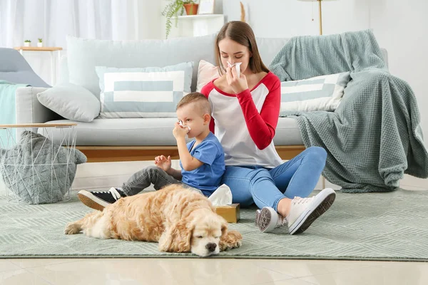 Young Woman Her Little Son Suffering Pet Allergy Home — Stock Photo, Image