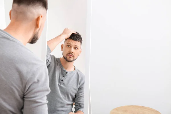 Handsome Man Looking Mirror Home — Stock Photo, Image