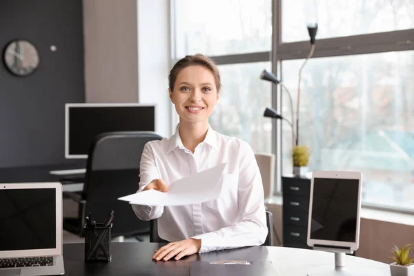 Young woman during job interview in office