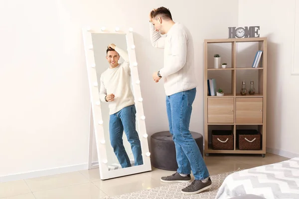 Handsome Young Man Looking His Reflection Mirror — Stock Photo, Image