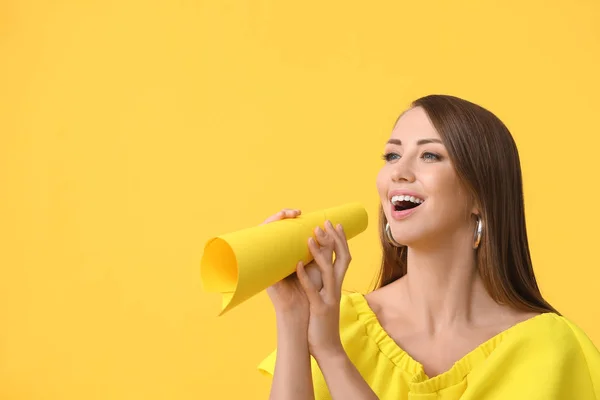 Young Woman Paper Megaphone Color Background — Stock Photo, Image
