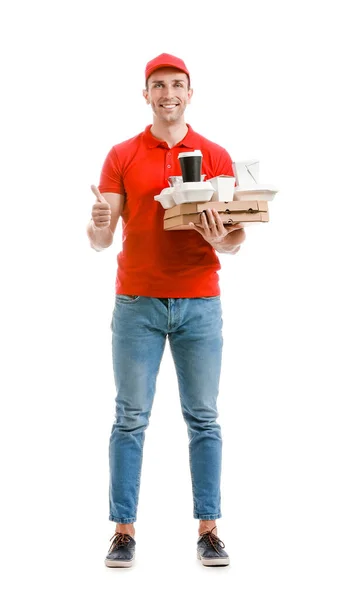Handsome Worker Food Delivery Service Showing Thumb White Background — Stock Photo, Image