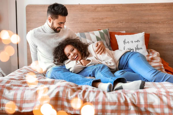 Happy Young Couple Bedroom — Stock Photo, Image