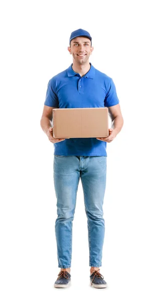 Delivery Man Box White Background — Stock Photo, Image