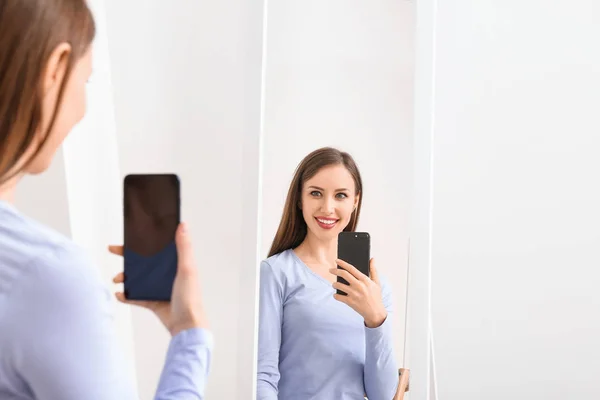 Beautiful Young Woman Taking Selfie Front Mirror Home — Stock Photo, Image