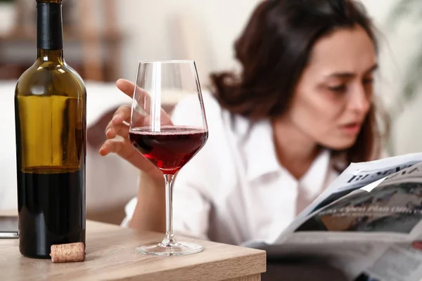 Woman Drinking Wine Home Concept Alcoholism — Stock Photo, Image
