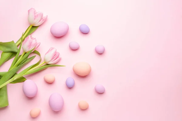 Beautiful Easter Eggs Flowers Color Background — Stock Photo, Image