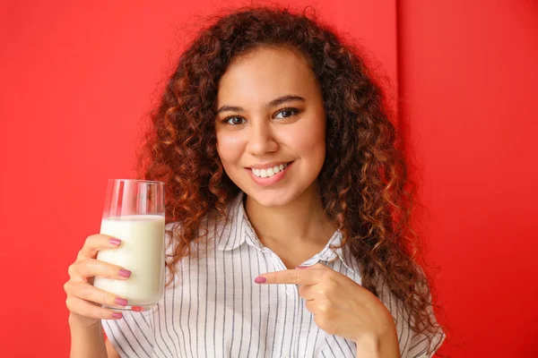 Young African American Woman Milk Color Background — Stock Photo, Image