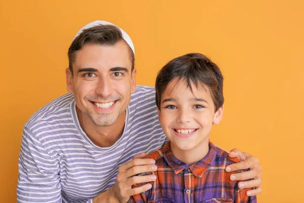 Portrait Muslim Man Son Color Background — Stock Photo, Image