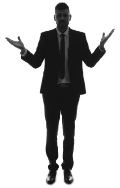 Beyaz arka planda çaresiz iş adamının silueti. Seçim kavramı