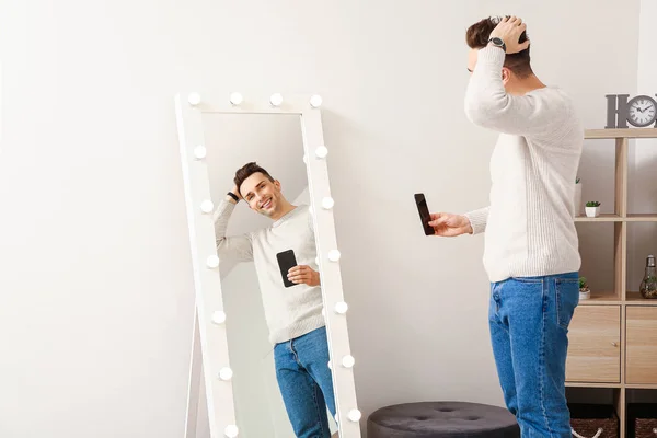 Handsome Young Man Taking Selfie Front Mirror Home — Stock Photo, Image