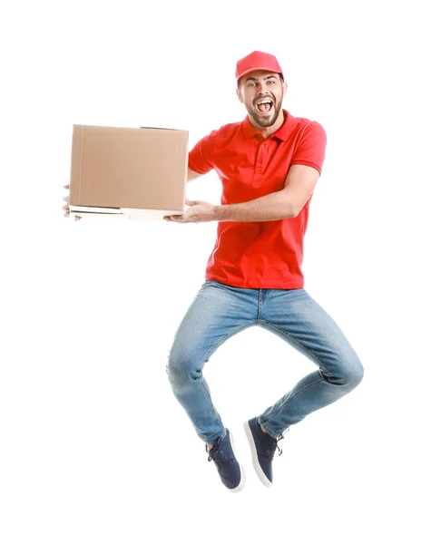 Jumping Delivery Man Box White Background — Stock Photo, Image
