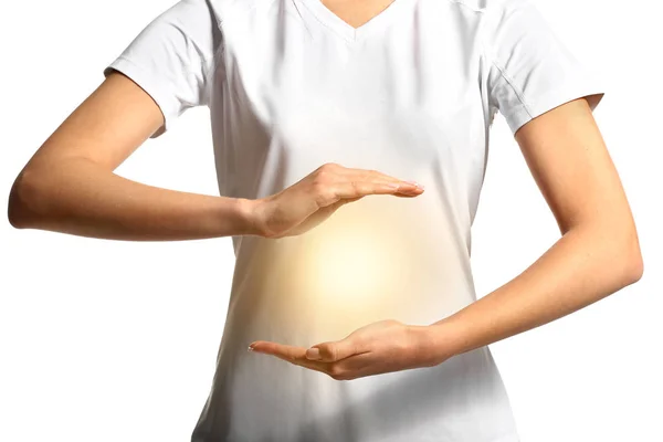 Meditating Woman Ball Shining Energy White Background — Stock Photo, Image