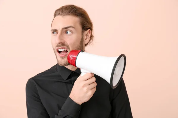 Young Man Megaphone Color Background — Stock Photo, Image