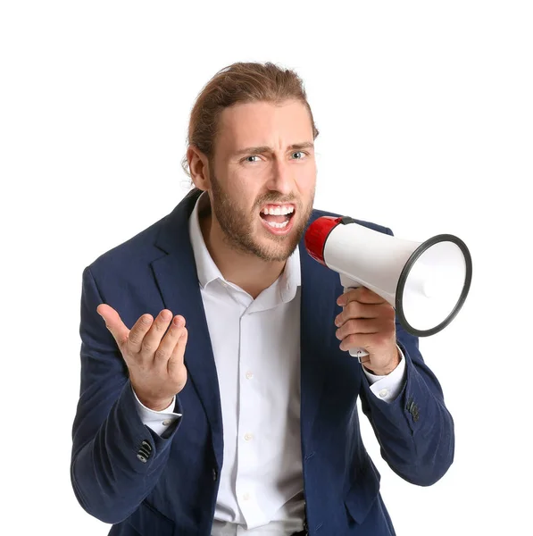 Screaming Young Man Megaphone White Background — Stock Photo, Image