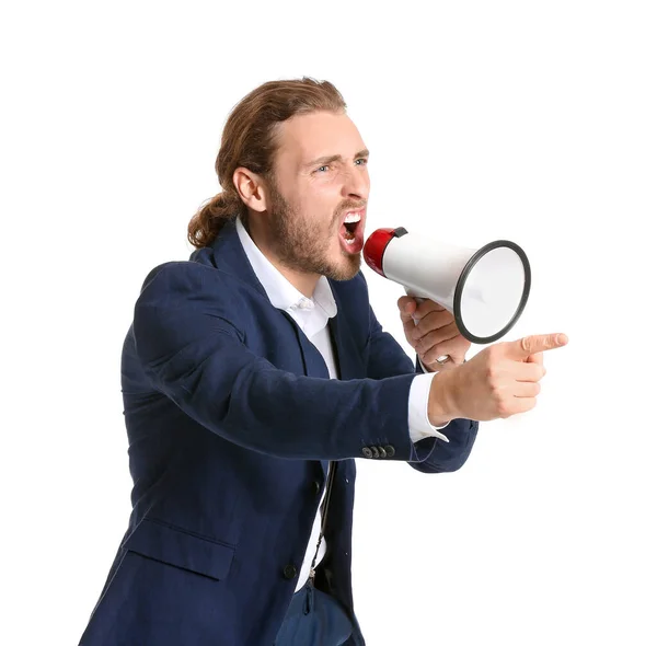 Screaming Young Man Megaphone White Background — Stock Photo, Image