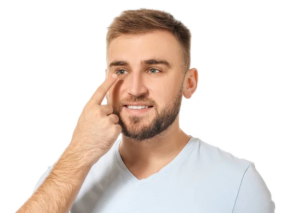 Jongeman Zet Contactlenzen Witte Achtergrond — Stockfoto