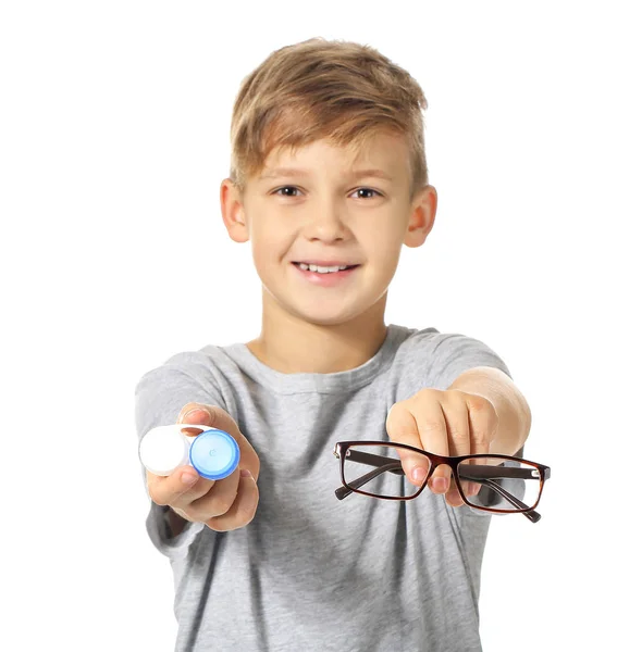 Little Boy Contact Lens Case Eyeglasses White Background — Stock Photo, Image