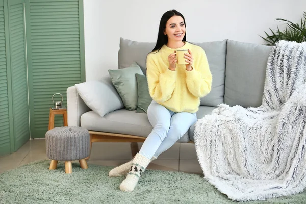 Beautiful Young Woman Warm Sweater Drinking Tea Home — Stock Photo, Image