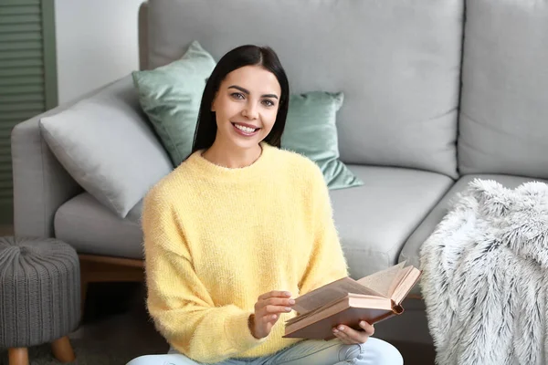 Beautiful Young Woman Warm Sweater Reading Book Home — Stock Photo, Image