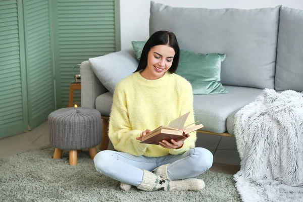 Beautiful Young Woman Warm Sweater Reading Book Home — Stock Photo, Image